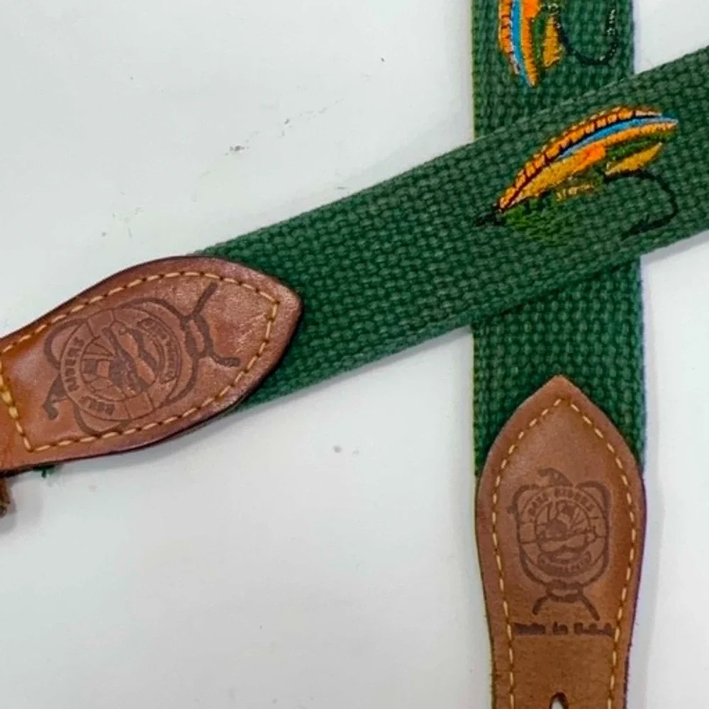 Smathers & Branson Needlepoint Belt Size 40 Green Fishing Lure Leather Canvas